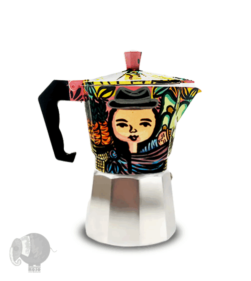 Cafetera de Boyacenses con mercado campesino y bebe.